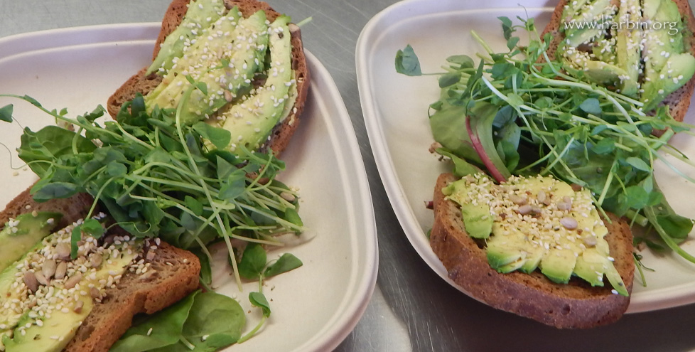 Toast with sprouts and avocado with sprinkles of nuts on top. 