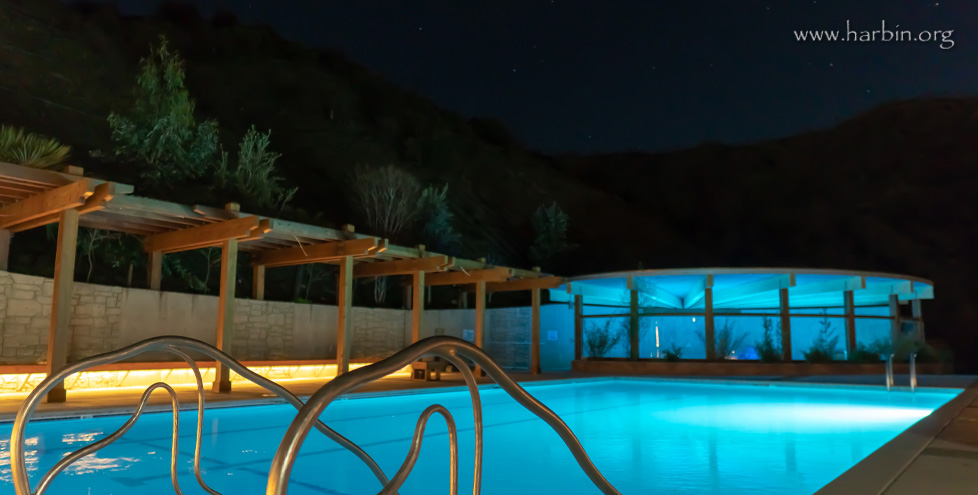 The swimming pool and Health Services pool are lit at night in a blue shade. A wooden shade structure lines one side with trees above it. The dark night sky is the background