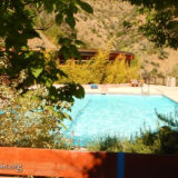 Swimming pool taken through the trees shows the summer hillside in the background.
