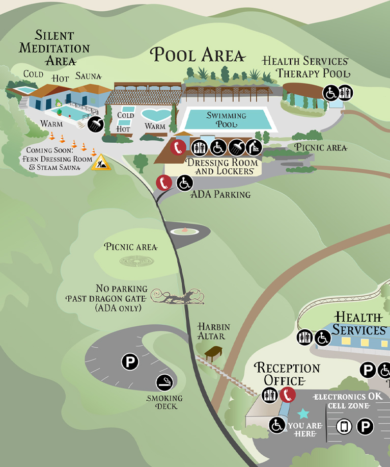 Illustrated map shows construction cones marking an area next to the meditation pools where the new steam sauna and dressing room are being built. It may be noisy at the pools during the weekdays.