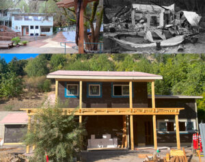 Before and after photo shows a two story building in the top left corner, in the right corner the building is burned after the forest fire, the bottom section shows the newly rebuilt (in process) two story building replacing the original Fern dressing room.