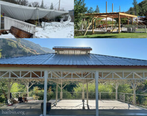 Three images show an outdoor events tent collapsed by the weight of snow, a construction site building a new wooden pavilion to replace the broken tent, and a nearly complete pavilion structure with the sunlight shining behind it.